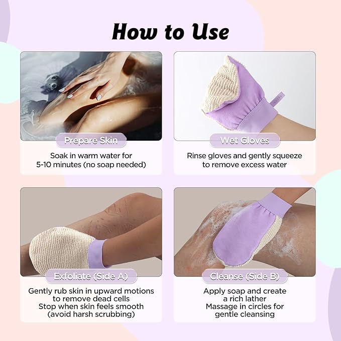 LOTTA Dual-Sided Exfoliating Gloves - Natural Viscose & Sisal for Deep Body Scrub & Massage - Gentle for Sensitive Skin - Replaces Loofah (Purple-Medium)