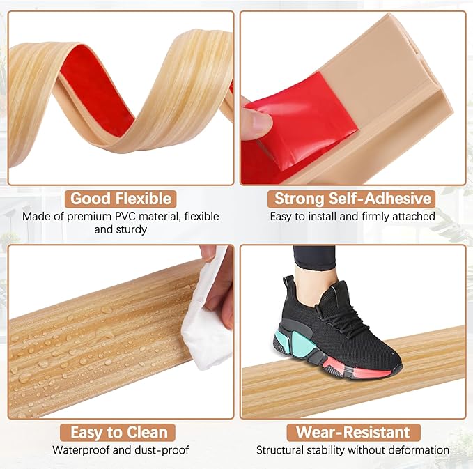 Vinyl Door Threshold Flooring Transition Strip Self Adhesive Carpet Edging Strip for Laminate Doorway Edge Threshold from 2/5" to 3/5" (Light Yellow Wood Grain, 3.3 Ft)