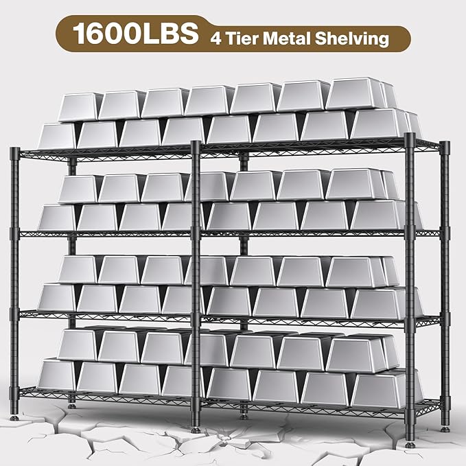 Himimi 4-Tier Adjustable Metal Shelving - 1600LBS Capacity, Heavy Duty Wire Organizer for Kitchen, Garage, Pantry, Laundry, 72" W x 18" D x 60" H, Black