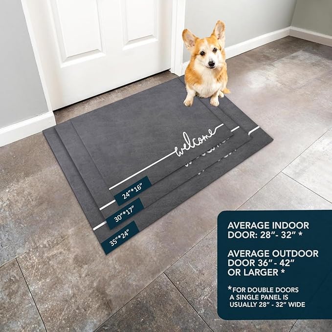 Welcome Mat Indoor, Ultra Thin Door Mat, 1/10 in Thin Door Mats for Inside Entry, Non-Slip Rubber Backing, Washable Doormat, Fade Resistant, Absorbent, Low Profile Dirt Trapper, 30"X17",Grey
