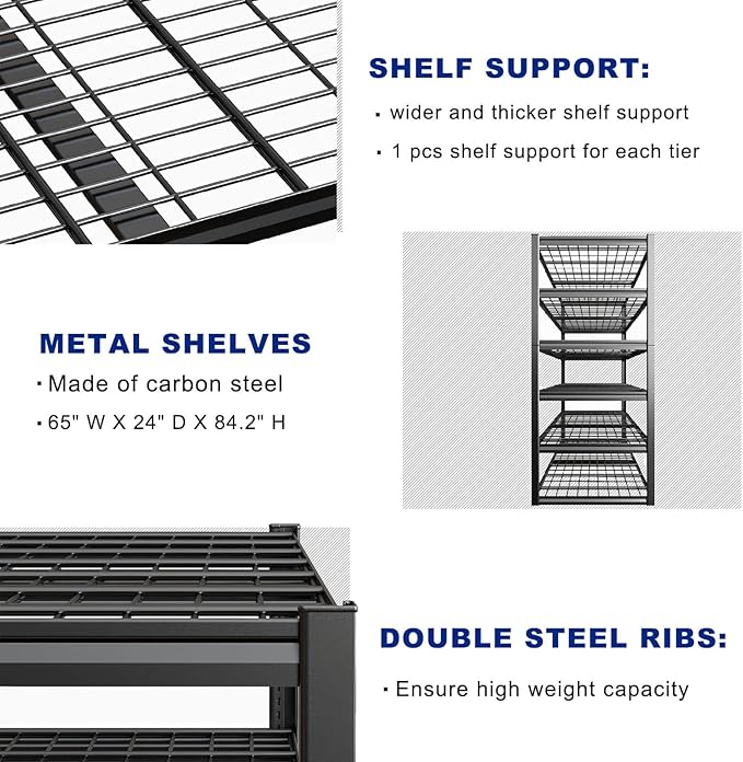 65" W Garage Shelving Heavy Duty, 6 Tier Garage Shelves, Adjustable Storage Shelving Unit, Commercial Metal Shelf Rack for Warehouse, Pantry, School, Shop