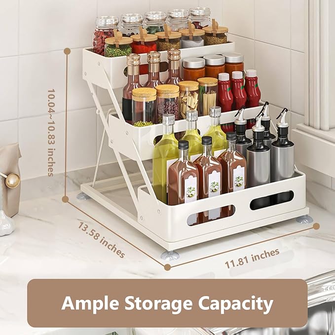 3 Tier Foldable Spice Rack for Countertop Iron Kitchen Seasoning Organizer for Cabinet, White