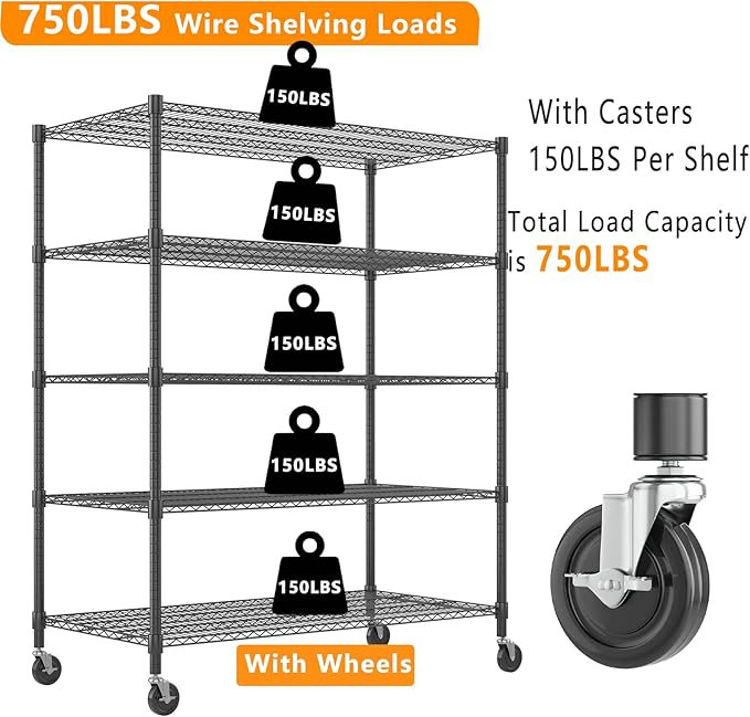 Himimi 5 Tier Wire Shelving with Wheels Heavy Duty Height Adjustable Metal Shelves for Storage, Commercial Grade Steel Utility Wire Rack for Kitchen Garage Pantry Organization-24×48×82, Black