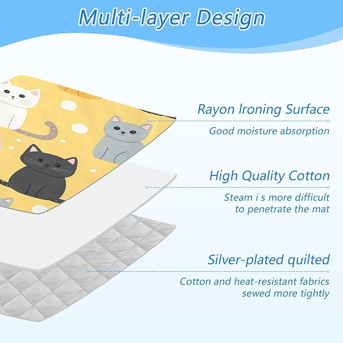 Yellow Polka Dot Cat Ironing Mat Thickened Ironing Blanket Travel Portable Double-Side Using Ironing Pad Travel Isolate Heat Pad Cover for Washer Dryer Table Top Countertop 27.6x47.2in