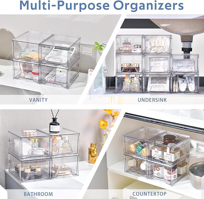 Plastic Drawers Storage, 4 Pack Clear Stackable Storage Drawers, Acrylic Storage Bins with Drawers for Fridge Organizers, Small PlasticDrawers Stackable for Makeup Organizers Cosmetic Display
