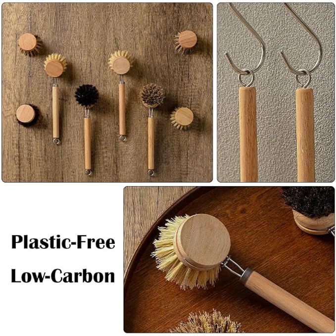 Bamboo Dish Brush with Handle, 1 Sturdy Wooden Handle with 3 Natural Bristle Heads, Horsehair, Sisal, Palm - All Purpose Kitchen Scrubber, Bamboo Wok Brush, Fruit and Veggie Scrubber