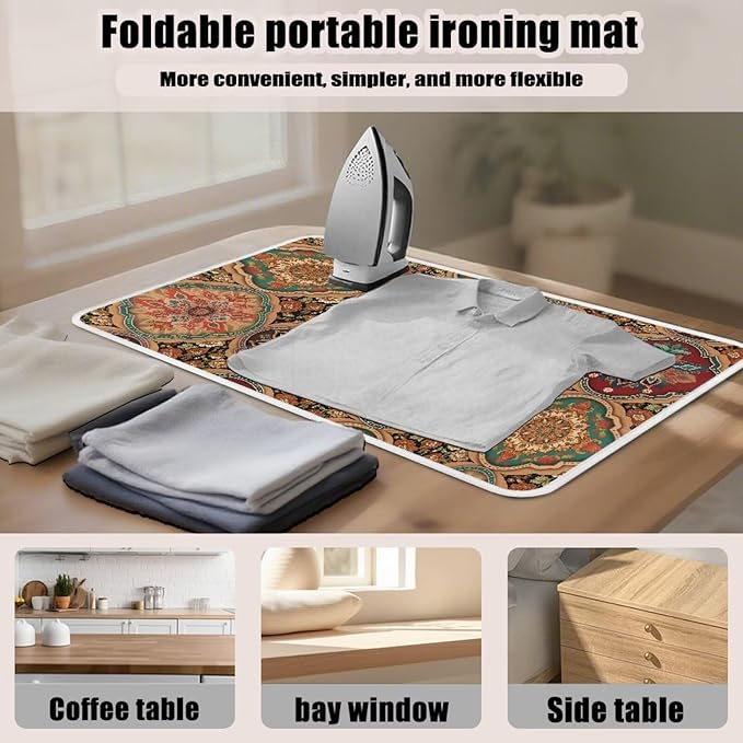 Folding Ironing Mat Heat and Steam Resistant Mandala Ironing Pad 32 x 16 Inch Foldable Iron Mat for Table Top Washer,Dryer,Large Iron Board Mats Irons Pad