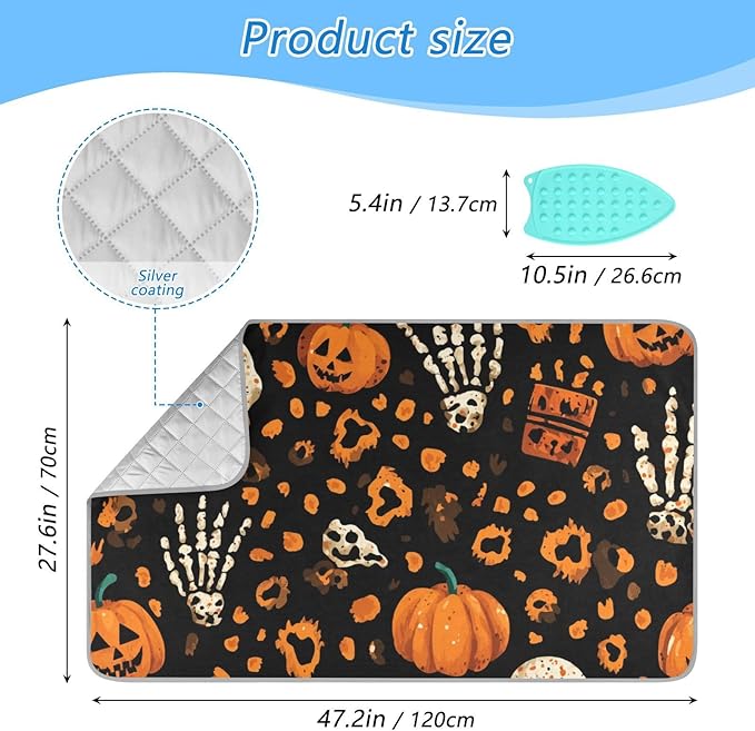 Ironing Mat Portable Ironing Pad Ironing Blanket for Table Top Heat Resistance Double-Side Using Travel Large 47.2 x 27.6 Inch Foldable Halloween Leopard Pumpkin Skull Brown