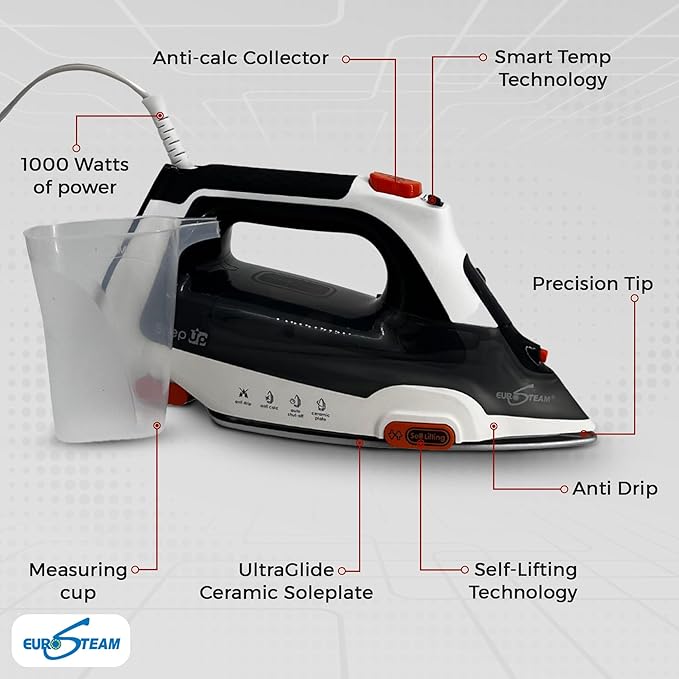 Eurosteam Step Up Iron - Self-Lifting Smart Iron with Ceramic Soleplate - Auto-Lift Safety & Smart Temp Technology for All Fabrics - Ironing Reimagined: Smart, Safe, and Effortlessly Fast