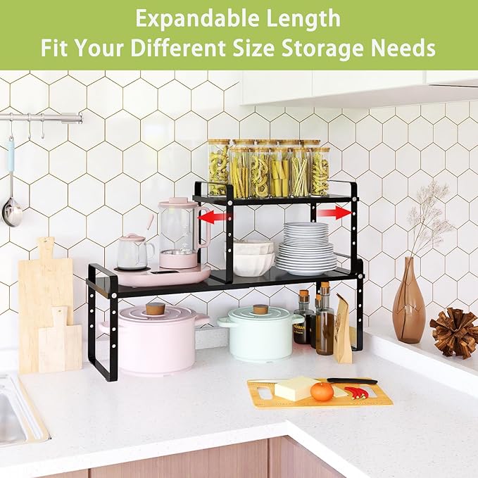 Expandable Cabinet Shelf Organizer Rack, Stackable Kitchen Counter Storage Shelves Stand, Adjustable Height Pantry Shelf Spice Rack (Black, 1 Pack)