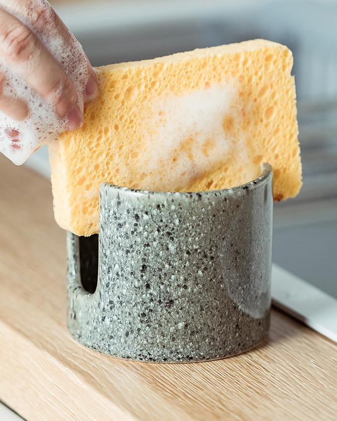 Kitchen Sponge Holder, Ceramic Dish Sponge Holder Scrubby Daddy Farmhouse Dish Rack Brush Holder for Bathroom, Kitchen, Sink, Special Gray