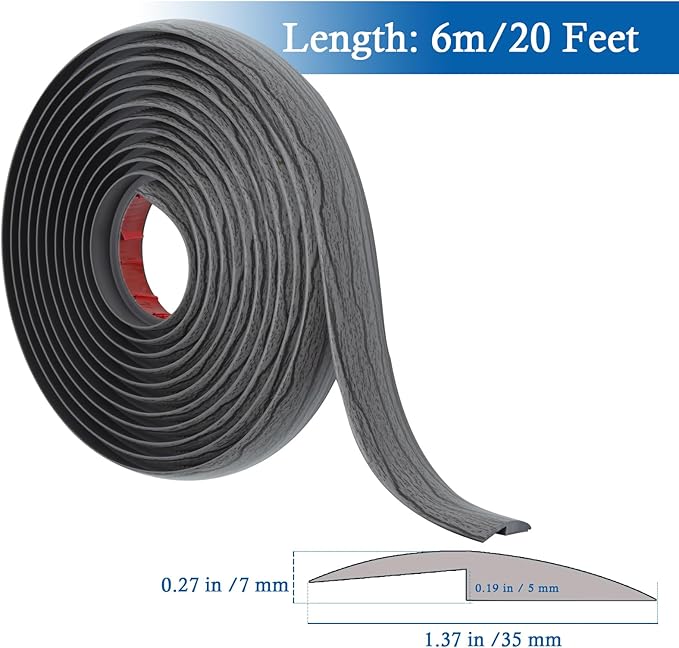 Floor Transition Strip Self Adhesive Carpet & Flooring Transitions Edging Trim Strip PVC Threshold Transitions Suitable for Threshold Height Less Than 5mm (20Ft, Dark Gray)