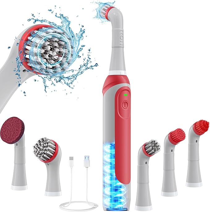 kHelfer Rechargeable Electric Grout Brush with Built-in Battery, Upgraded Stainless Steel Wire Power Brush & IPX7 Waterproof, Cordless Cleaning Brush & 5 Replacement Heads for Tile Grout Crevice