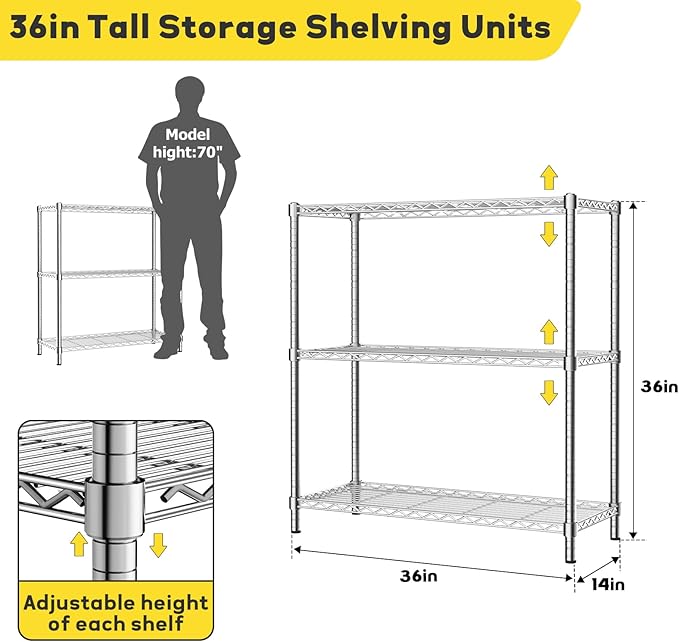 Storage Shelves, 36" L x 14" W x 36" H Heavy Duty Garage Wire Shelving Unit Loads 1050LBS, 3-Tier Adjustable Metal Industrial Utility Shelf Rack for Kitchen, Laundry Room, Basement