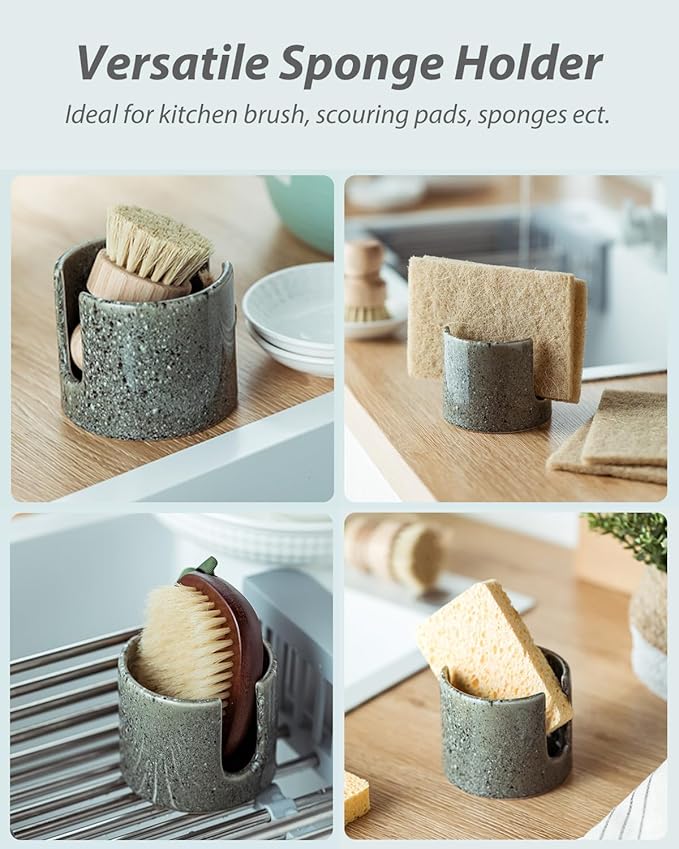Kitchen Sponge Holder, Ceramic Dish Sponge Holder Scrubby Daddy Farmhouse Dish Rack Brush Holder for Bathroom, Kitchen, Sink, Special Gray