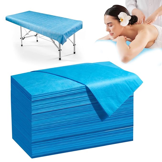 100 Pack Disposable Bed Sheets – 31.5 x 71 in Waterproof Non-woven Sheets for Massage, Spa, Tattoo & Salon Tables(Blue)