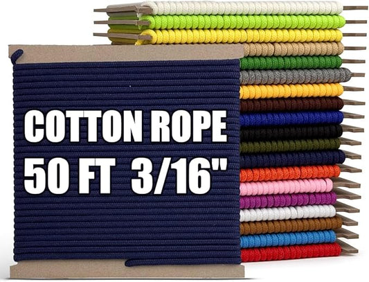PerkHomy 500lb Cotton Rope 3/16" (5mm) 50 ft Multi Purpose Utility Diamond Braided Cord, Natural Cotton for Clothes Line Camping Crafting Flag Pole, Navy Blue