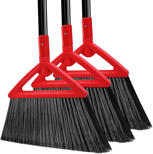 Heavy Duty Angle Broom, 3 Pack Longer Commercial Brooms, Swipe Brooms for Sweeping Indoor Outdoor, Perfect Red Broom of Kitchen, Garage, House, Restaurant