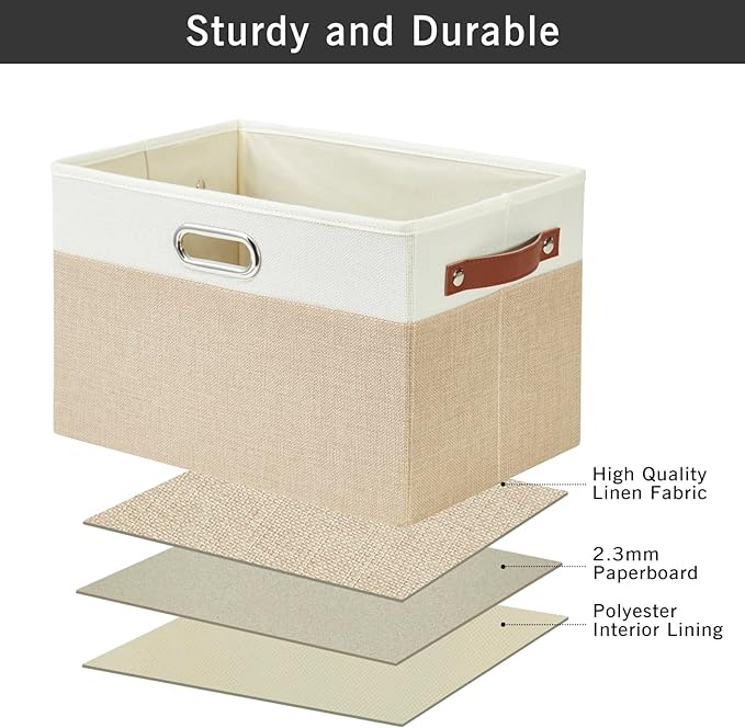 Large Collapsible Fabric Storage Bins with 3 Handles, Foldable Organizer Baskets for Closet, Shelves, Living Room | 3 Pack, Durable PU & Metal Handles (14.9"x9.8"x9.8", Beige & White)