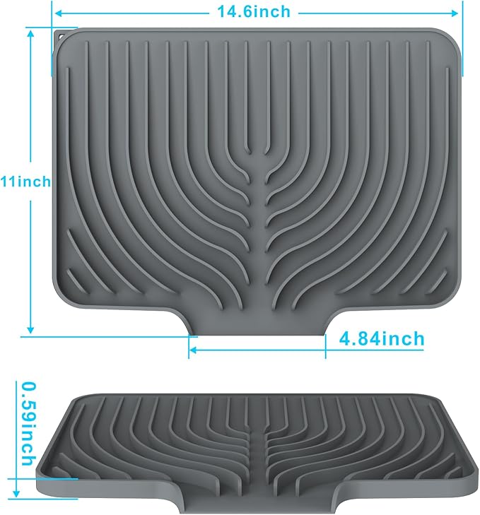 Dish Drying Matt for Kitchen Counter,14.6"×11"Silicone Dry Rack Mat with Built in Drain, Kitchen Dry Mats for Dishes Drying Pad for Counter(gray)