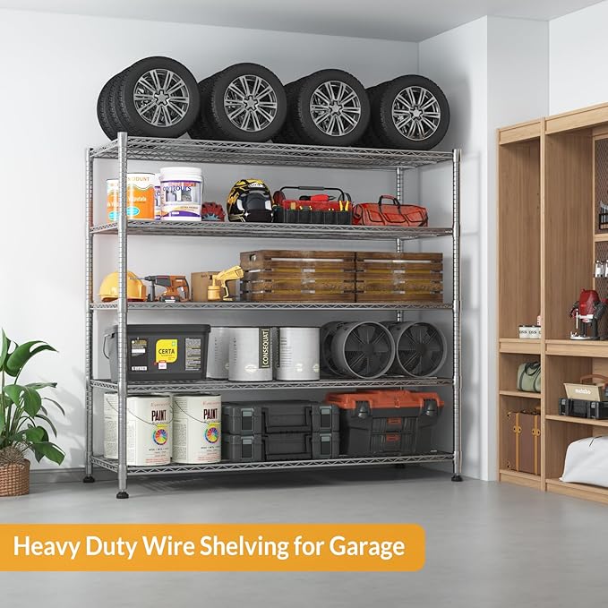 Himimi Storage Shelves with Wheels, 5-Tier Heavy Duty Steel Wire Rack Storage Shelving, Adjustable Metal Storage Shelves for Garage Kitchen Pantry Bathroom Laundry 18" D*60" W*82" H, Silver