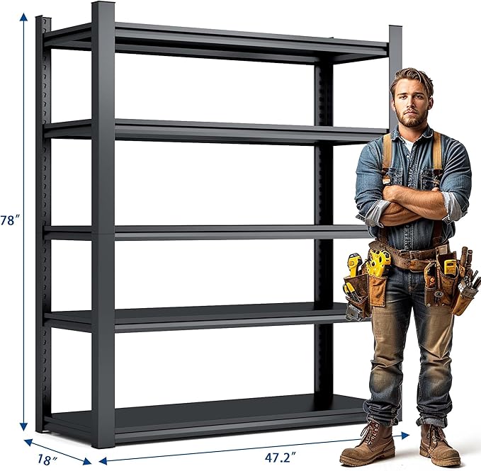 78" H Garage Shelving, Metal Storage Shelves, 3000LBS Heavy Duty Shelving, Adjustable 5 Tier Storage Rack, Industrial Utility Shelf for Garage, Warehouse, Kitchen,18" D×47.5" W×78" H, Black