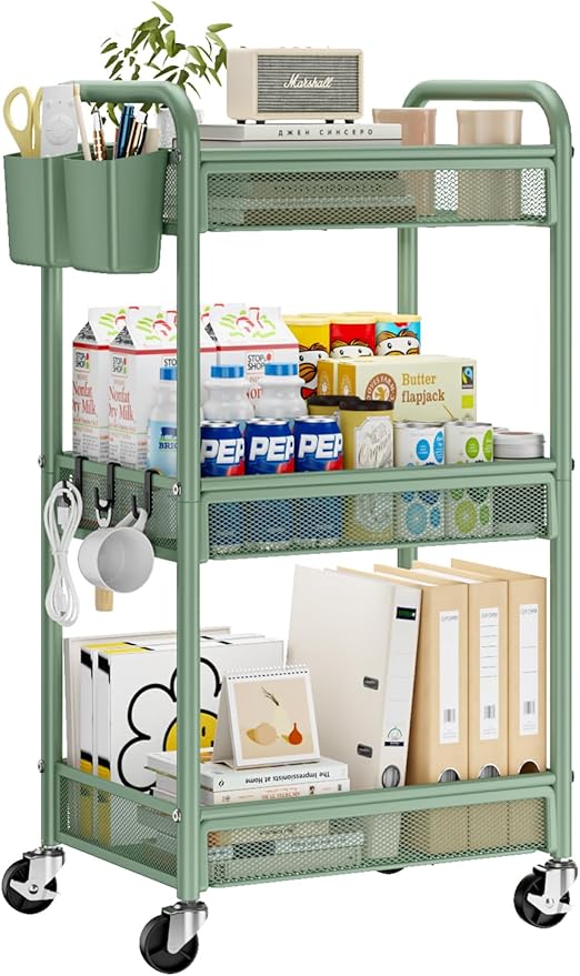 YASONIC 3 Tier Rolling Cart – Metal Utility Storage Cart with Wheels, Craft Carts Organizer with Hanging Cups, Hooks, Mesh Basket for Bedside Kitchen Office Art, Green