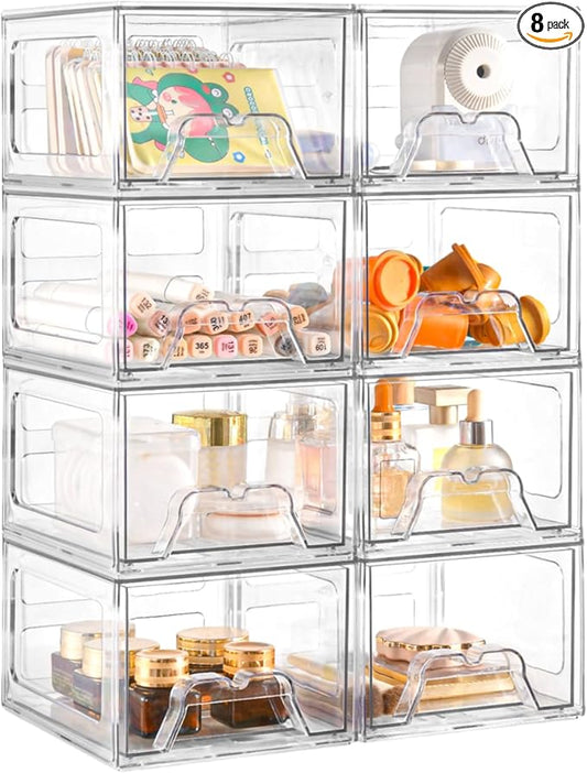 Plastic Drawers Storage, 8 Pack Clear Stackable Storage Drawers, Acrylic Storage Bins with Drawers for Fridge Organizers, Small PlasticDrawers Stackable for Makeup Organizers Cosmetic Display