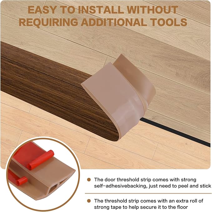 Floor Transition Strip Vinyl Door Threshold Ramp Self Adhesive Carpet Edging Strip Doorway Edge Trim, Overlap Edge Reducer for Laminate Carpet, Floor, Tile (Brown Wood Grain, 2/5" to 3/5", 10Ft)