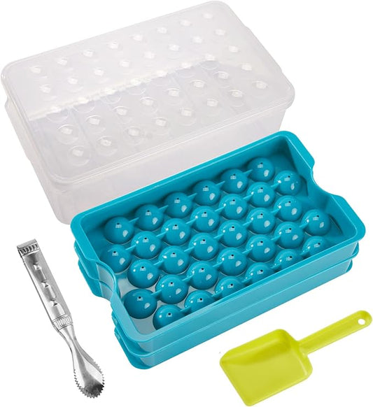 Bangp Upgrade Round Ice Cube Tray with Lid and Bin,2 Pack Ice Cube Tray for Freezer,Circle Ice Mold Making 64 Small Ice Balls, Easy Release Ice Tray with Ice Bucket,Ice Tong and Ice Scoop
