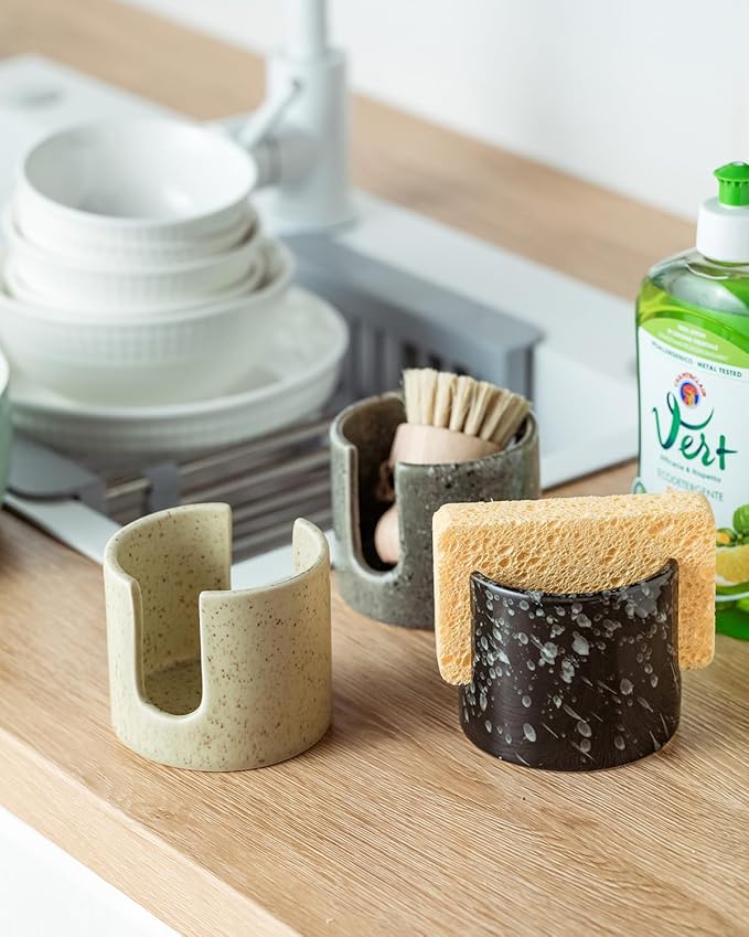 Sponge Holder for Kitchen Sink, Ceramic Dish Sponge Holder Sink Caddy Compact Scrubby Daddy Kitchen Organizer Dish Rcak for Sponges, Scrubbers, Yellow