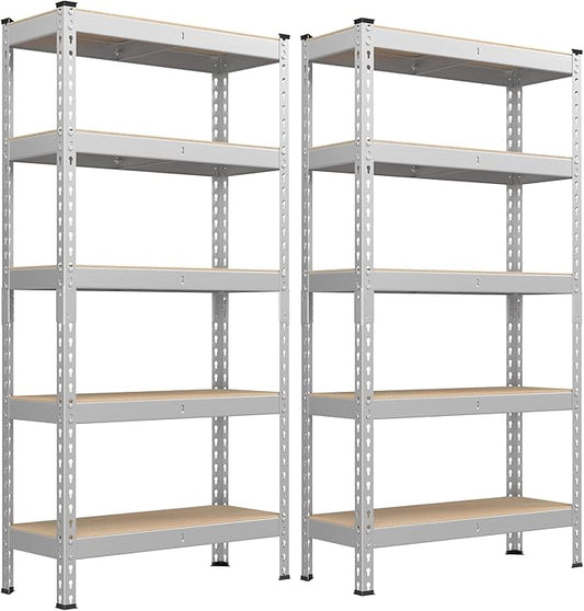 SONGMICS 5-Tier Storage Shelves, Load 2310 lb, Set of 2 Garage Storage, Boltless Assembly, Adjustable Shelving Unit, 11.8 x 29.5 x 59.1 Inches, for Study Shed Basement, Silver UGLR300E02