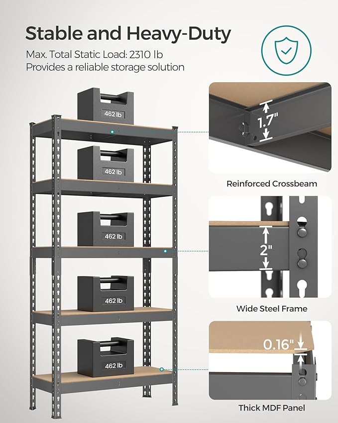 SONGMICS 5-Tier Storage Shelves, Load 2310 lb, Set of 2 Garage Storage, Boltless Assembly, Adjustable Shelving Unit, 11.8 x 29.5 x 59.1 Inches, for Study Shed Basement, Gray UGLR300G02