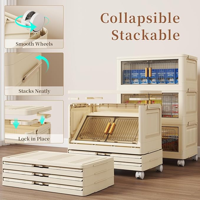 3 Tier Stackable Plastic Storage Bins with Lids 28QT, Collapsible Closet Organizers and Storage with Wheels for Living Room,Office,Dorm