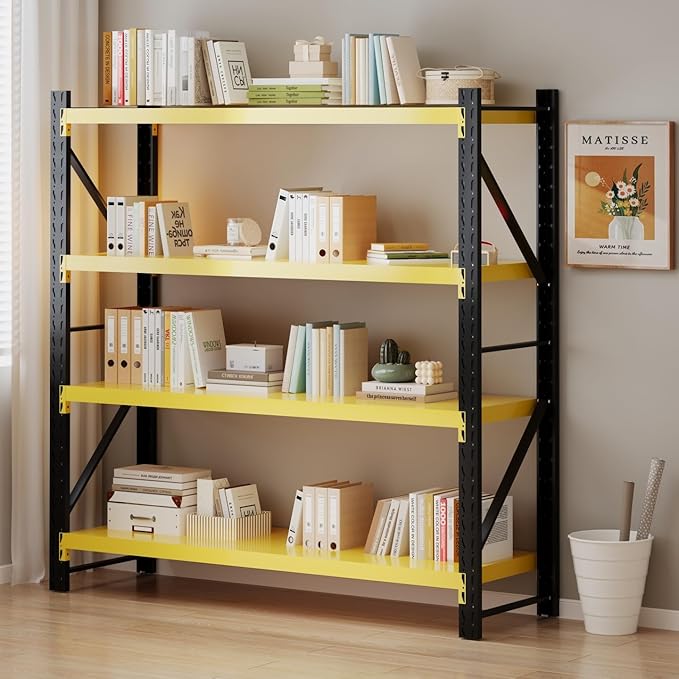 Storage Shelves Heavy Duty, Metal Garage Shelving Units, 4 Tier Storage Rack Shelf, Steel Industrial Shelving, Adjustable Standing Shelf for Basement/Warehouse Yellow and Black, W47.24*D19.69*H78.74