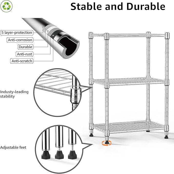 450 lbs Wire Storage Shelving 3-Tier Utility Shelving Unit Steel Organizer Wire Rack for Home,Kitchen,Office,Chrome(11.8" D x 17.7" W x 26.4" H)