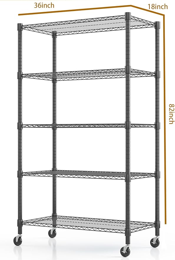 Himimi 5-Tier Heavy Duty Steel Wire Rack Storage Shelving, Adjustable Metal Storage Shelves with Wheels, 82''H Wire Shelf for Kitchen Garage Basement Pantry Organization, 18" D×36" W×82" H-Black