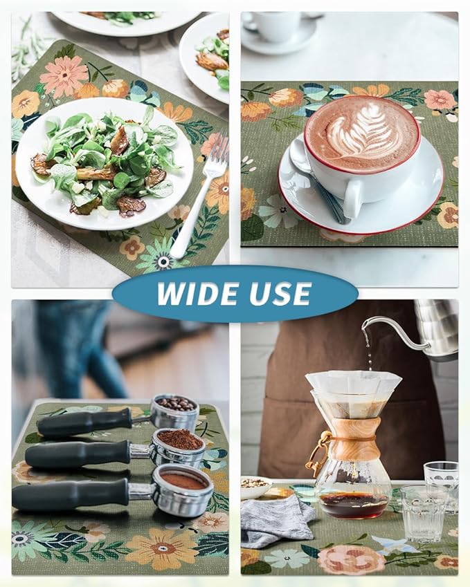 AMOAMI Coffee Mat - Hide Stain Rubber Backed Absorbent Dish Drying Mat for Kitchen Counter - Bar Accessories Fit Under Coffee Maker, Espresso Machine, Dish Rack - Floral Green 16x24
