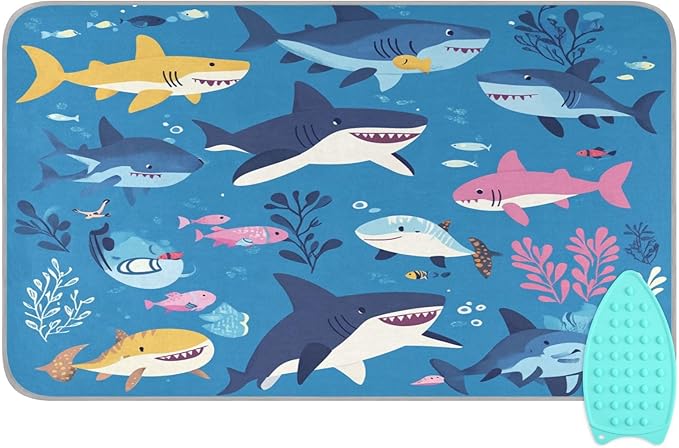 Sharks Fishes and Seaweed Blue Ironing Mat Thickened Ironing Blanket Travel Portable Double-Side Using Ironing Pad Travel Isolate Heat Pad Cover for Washer Dryer Table Top Countertop 27.6x47.2i