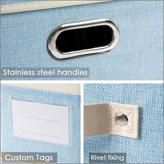 PRANDOM Fodable Storage Bins for Closet [3-pack] Decorative Fabric Storage Baskets Cubes with Leather/Metal Handles for Shelves Bedroom Living Room Blue&Cream (11.5x8.5x6.7 Inch)