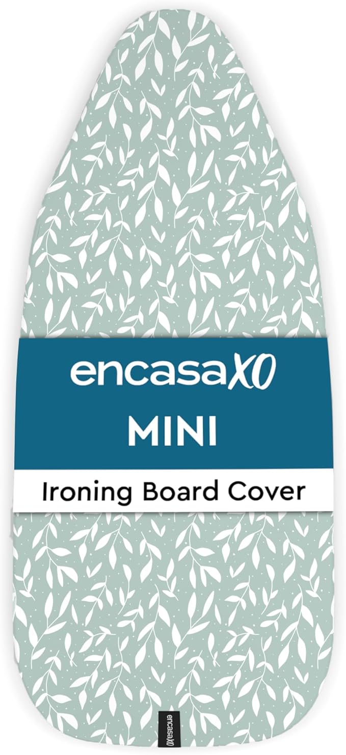 Encasa XO Ironing Board Cover and Pad 28"x12" - Thick 3mm Felt Padding, Drawstring Tightening & Lock, Easy Fit, Scorch & Stain Resistant, Fits Mini Ironing Board - Green Leaflet