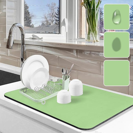 Dish Drying Mat for Kitchen Counter, 16"x24" Dish Drying Pad with Non-slip Rubber Backed, Hide Stain Anti Absorbent for Kitchen Counter, Drying Mat for Coffee Machine Dish Rack (Green)