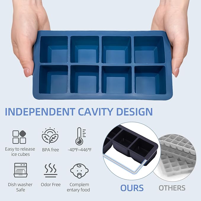 2 Pack Silicone 2 Inch Large Ice Cube Molds for Cocktails Wine Fruit and Bourbon Whiskey Easy Release Ice Cube Tray with Lid Ideal for Cold Drinks and Entertaining Gatherings (Ocean Blue)