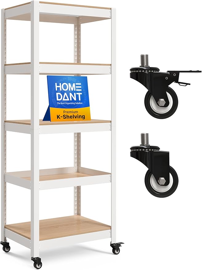 HOMEDANT House White 5-Tier Metal Rolling Cart Shelf Rack Casters Heavy Duty Wheel Shelving Unit Adjustable Utility Storage Shelves Organizer Shelf Kitchen Garage 24.4" W x 16.5" D x 62.2" H 1Pack