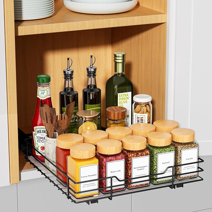 RCHYFEED Pull Out Spice Rack Organizer for Cabinet,Slide out Spice Organization for Inside Cabinets,Heavy Duty Seasoning Organizer Fits Kitchen and Pantry,Sauces,Canned (10.5''Wx10.5''Dx2.5''H)