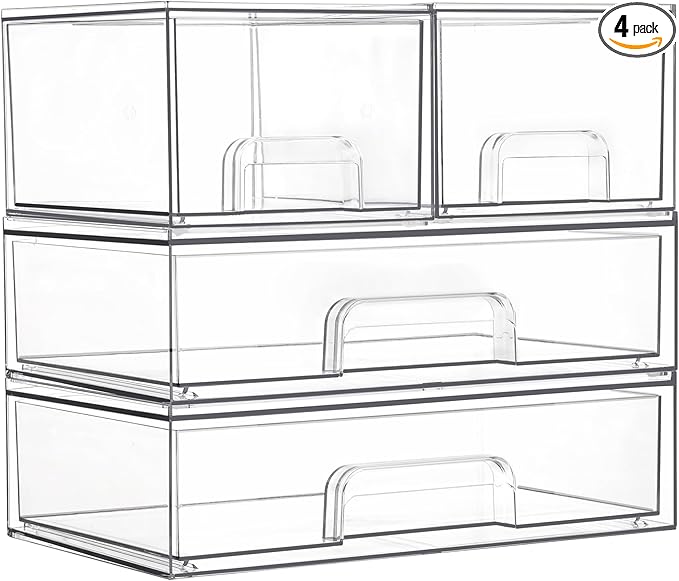 Vtopmart Stackable Storage Drawers Set of 4, Clear Plastic Organizer Bins for Bathroom Supplies,Ideal for Cabinet,Pantry,Laundry Room Organization