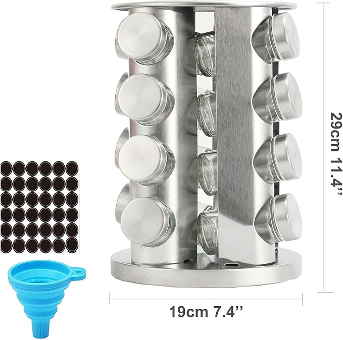 Spice Rack, Spice Rack Organizers for Countertop, Rotating Countertop Spice Rack, Revolving Spice Rack for Kitchen, Kitchen Gadgets, Organizer Rack with Spice Jars (Silver, RoundHead_16Jars)