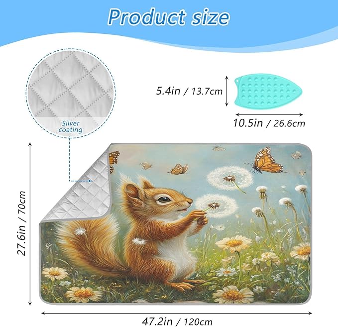 Butterfly Squirrel Dandelion Ironing Mat Thickened Ironing Blanket Travel Portable Double-Side Using Ironing Pad Travel Isolate Heat Pad Cover for Washer Dryer Table Top Countertop 27.6x47.2in