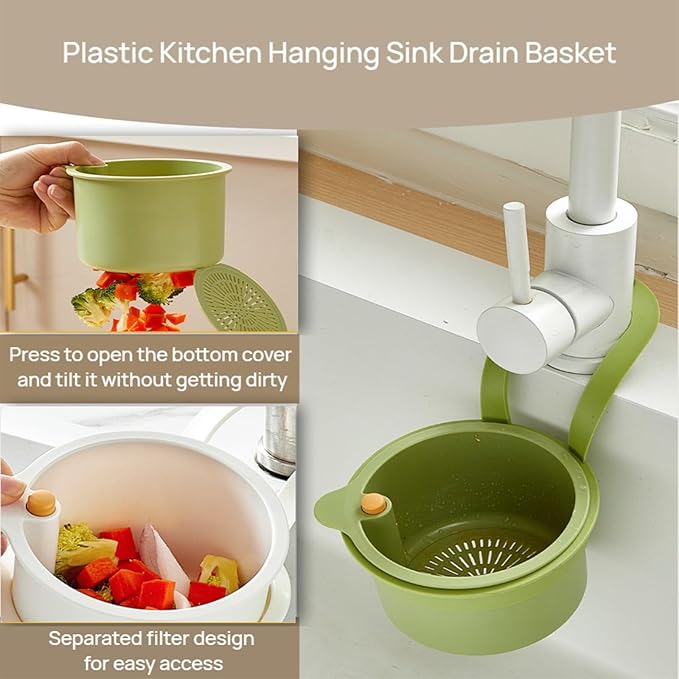 Faucet Hanging Strainer Kitchen Sink Food Waste Catcher Drain Basket, Plastic Kitchen Sink Strainer Automatic Dumping Draining Basket, Food Fruit Vegetable Drain Shelf Sink Storage Holder (Green)