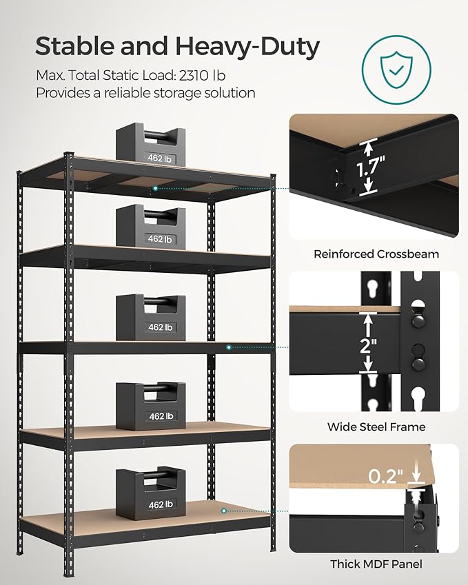 SONGMICS 5-Tier Storage Shelves, Load 2310 lb, Set of 2 Garage Storage, Boltless Assembly, Adjustable Shelving Unit, 23.6 x 47.2 x 70.9 Inches, for Study Shed Basement, Black UGLR600B02